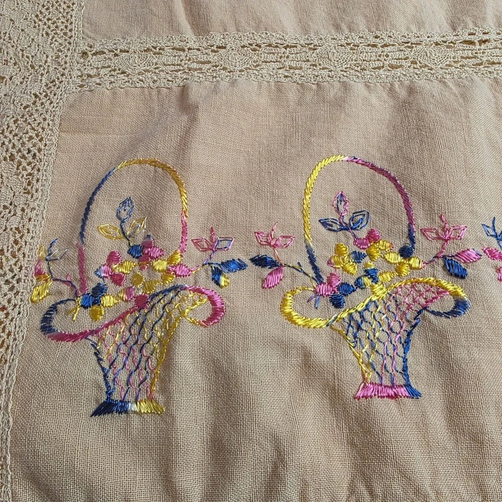 Vintage Hand Embroidered Linen Table Runner Crochet Lace Flower Colorful Baskets